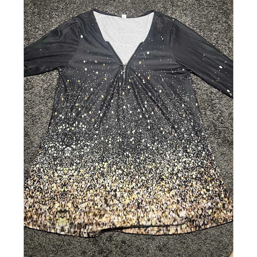 Women's 1/4 Zip Tunic Top size M Black & Gold Paint Splatter Design Preloved‎